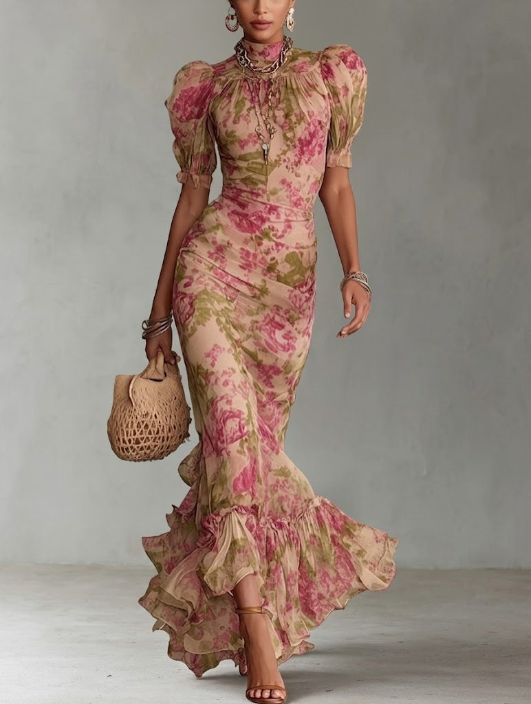 Vestido Largo con Estampado Vintage de Rosas y Mangas Abullonadas | Estilo Retro