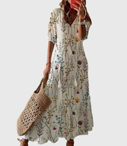 Vestido boho vintage de verano con estampado floral, escote en V y falda maxi fluida para mujer
