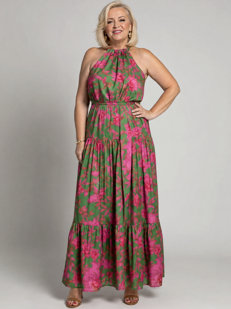 Vestido Midi con Drapeado y Cuello Halter | Diseño Elegante y Femenino
