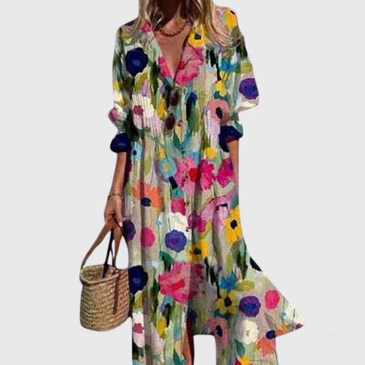 Vestido bohemio elegante con estampado artístico, escote en V con botones y falda midi fluida para mujer
