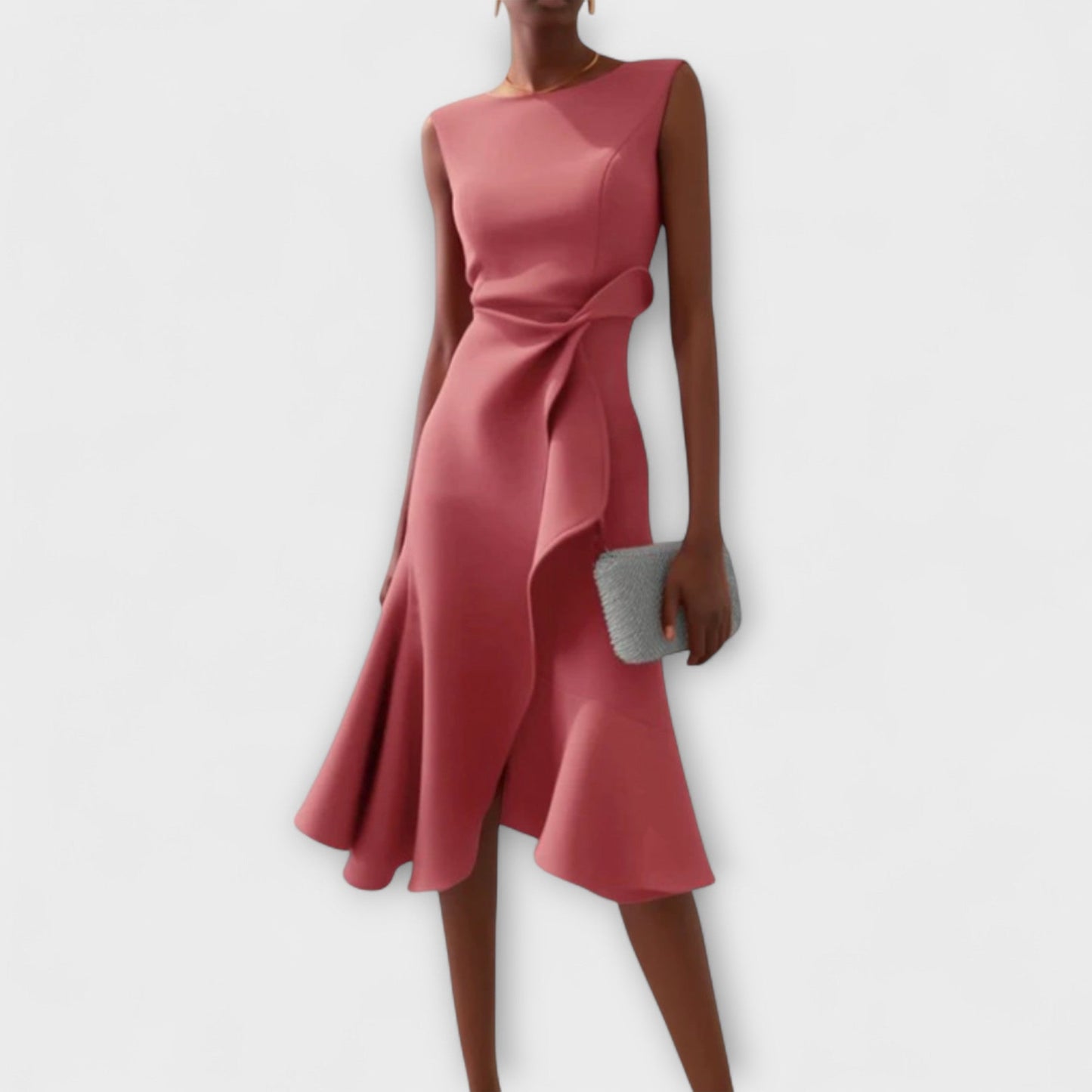 Vestido midi sofisticado sin mangas con cintura entallada y falda con vuelo para mujer