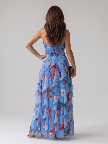 Vestido Maxi Cuello Halter Corpiño Fruncido Floral | Estilo Verano