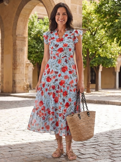 Vestido midi floral con capas en Verde y Azul claro - fresco y elegante