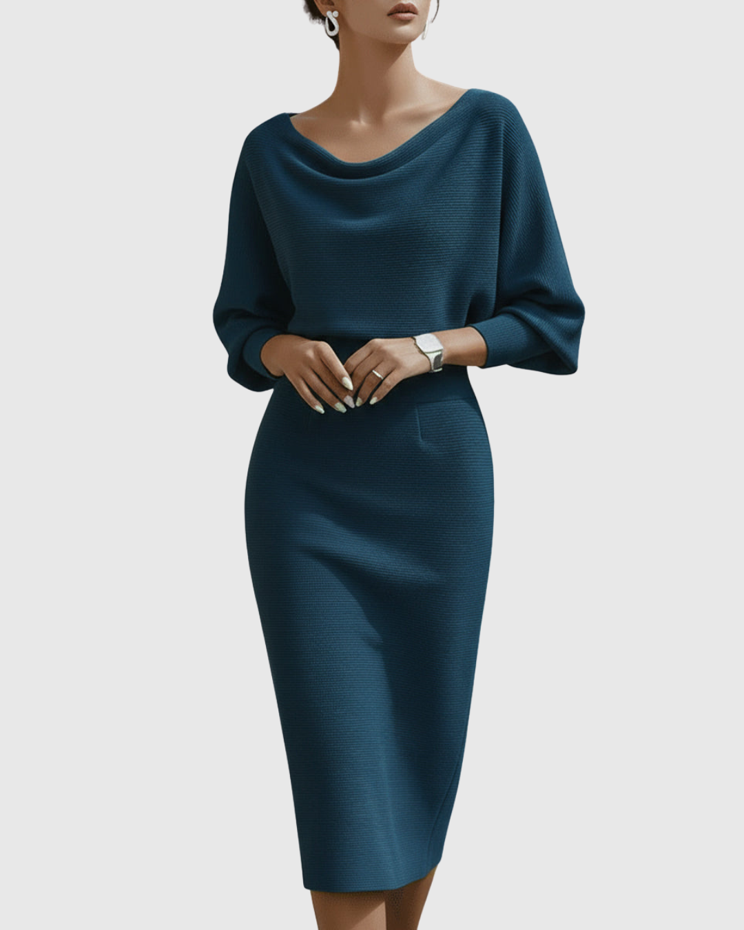 Vestido midi drapeado con mangas murciélago y escote elegante para mujer, sofisticado y cómodo para oficina o evento