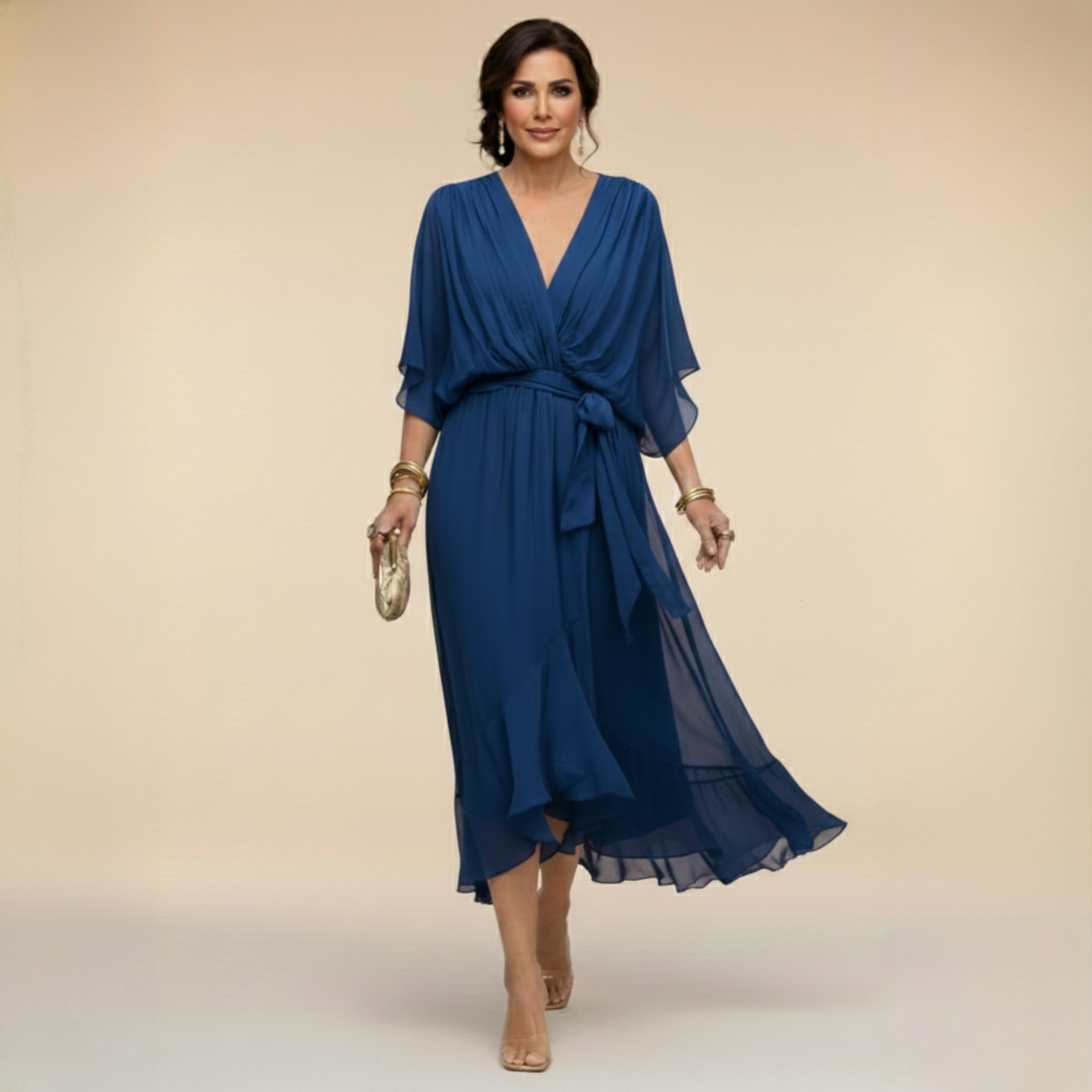 Vestido de gasa con escote en V para mujer, elegante y ligero
