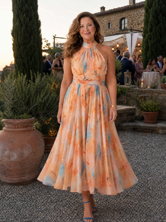 Vestido Midi Suave con Cuello Halter y Efecto Recogido | Diseño Elegante