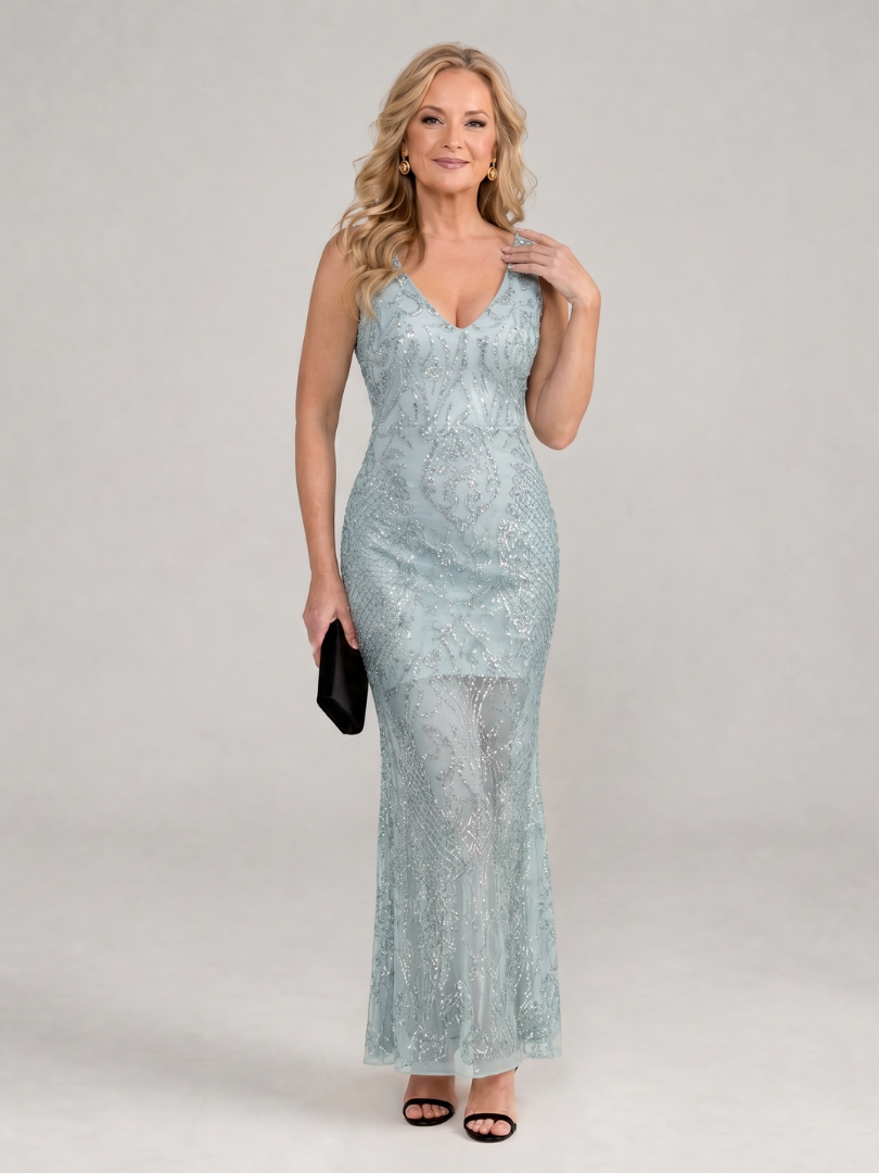 Vestido Midi con Sequin y Paneles Transparentes | Sin Mangas Elegante