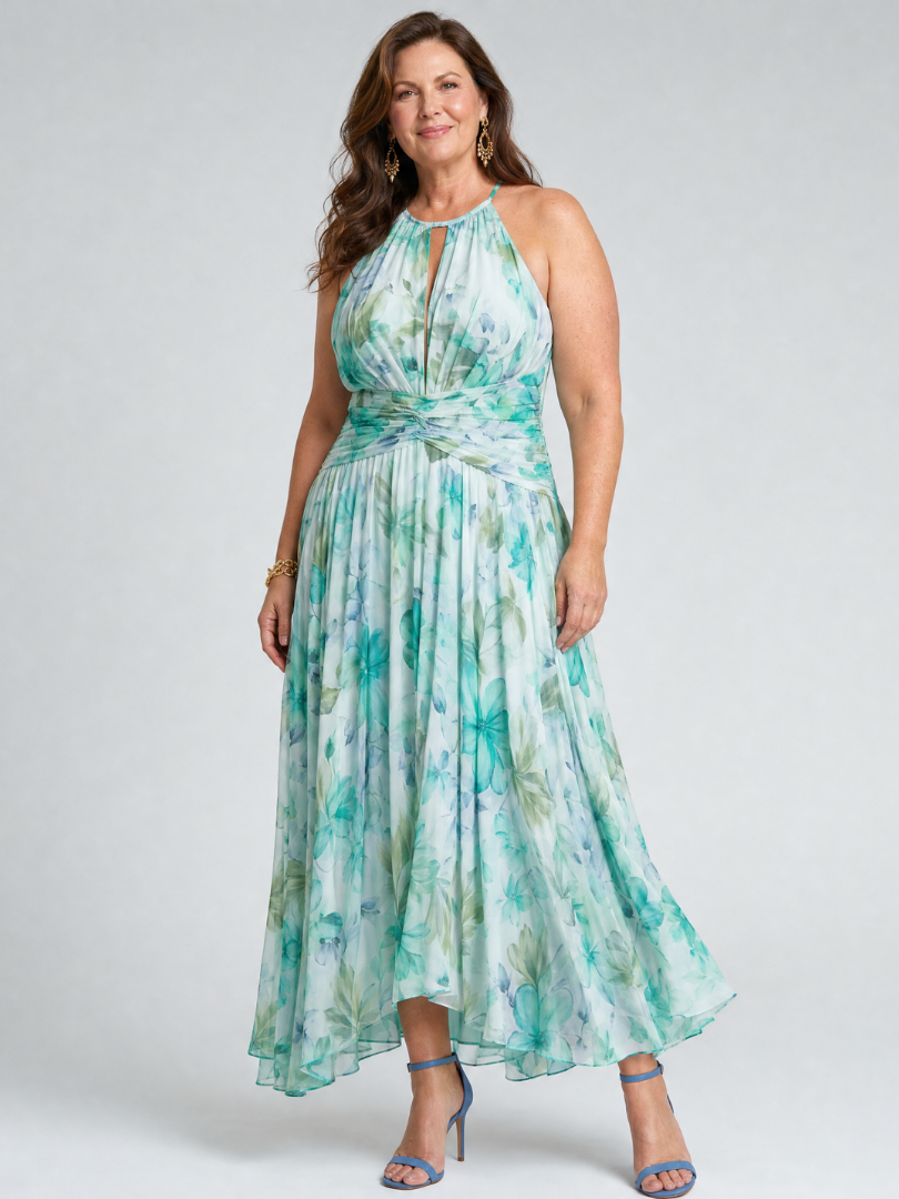 Vestido Midi Plisado Halter Suave Estampado Floral | Estilo Verano