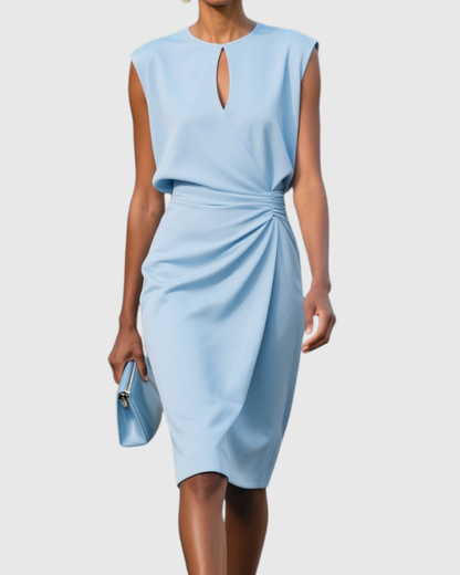 Vestido midi elegante con escote lágrima y drapeado lateral para mujer, cómodo y sofisticado para oficina o evento