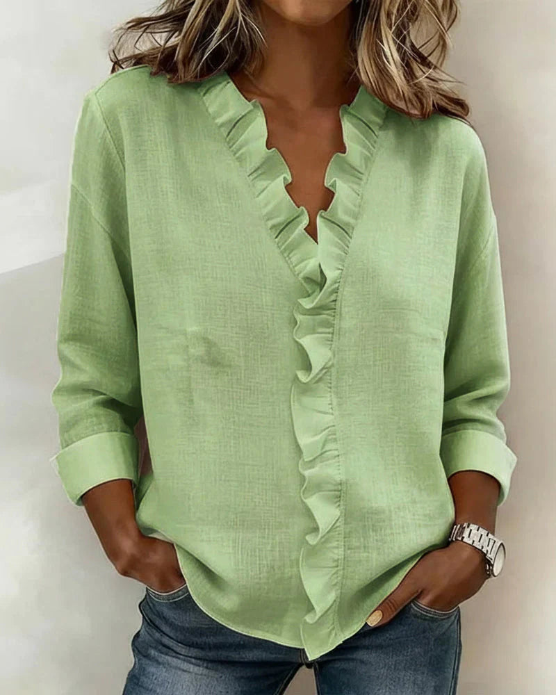 Blusa femenina con volantes, cuello en V y corte fluido para mujer, cómoda y sofisticada
