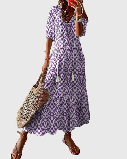 Vestido boho vintage de verano con estampado floral, escote en V y falda maxi fluida para mujer
