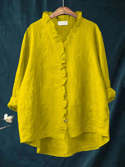 Camisa femenina con volantes de algodón y lino con diseño fluido para mujer, ligera y chic para verano