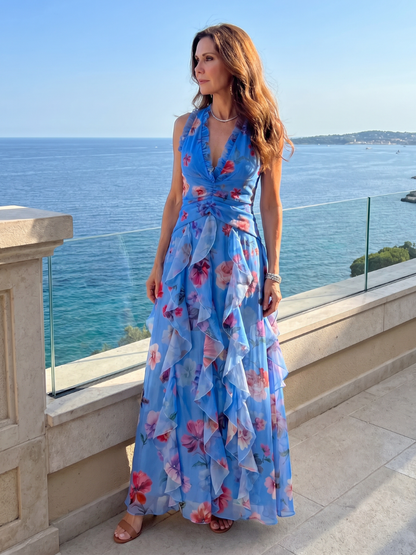 Vestido Maxi Cuello Halter Corpiño Fruncido Floral | Estilo Verano