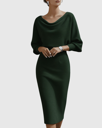 Vestido midi drapeado con mangas murciélago y escote elegante para mujer, sofisticado y cómodo para oficina o evento