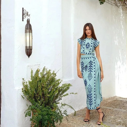 Conjunto de verano de dos piezas con top sin mangas y falda larga estampada para mujer, ligero y elegante