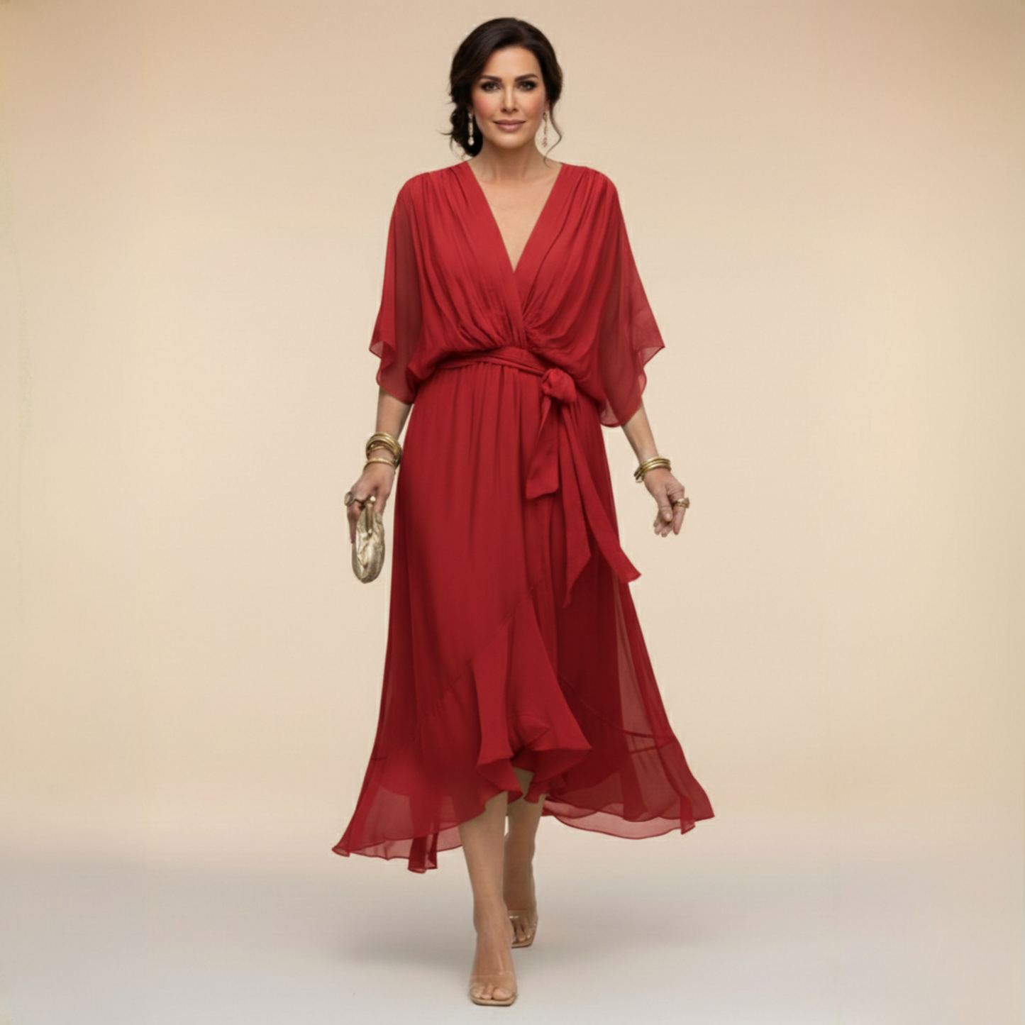 Vestido de gasa con escote en V para mujer, elegante y ligero