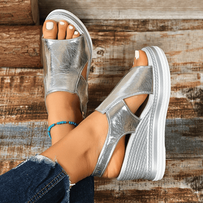 Sandalias ortopédicas de cuña con tiras metálicas y plantilla ergonómica para mujer, cómodas y elegantes para verano o diario
