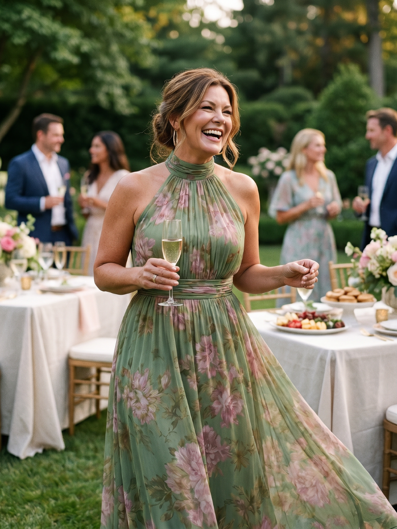 Vestido Midi con Cuello Halter y Estampado Floral | Diseño Recogido