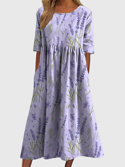 Vestido favorecedor con estampado floral, mangas tres cuartos y falda fluida para mujer, ligero y elegante para primavera o verano