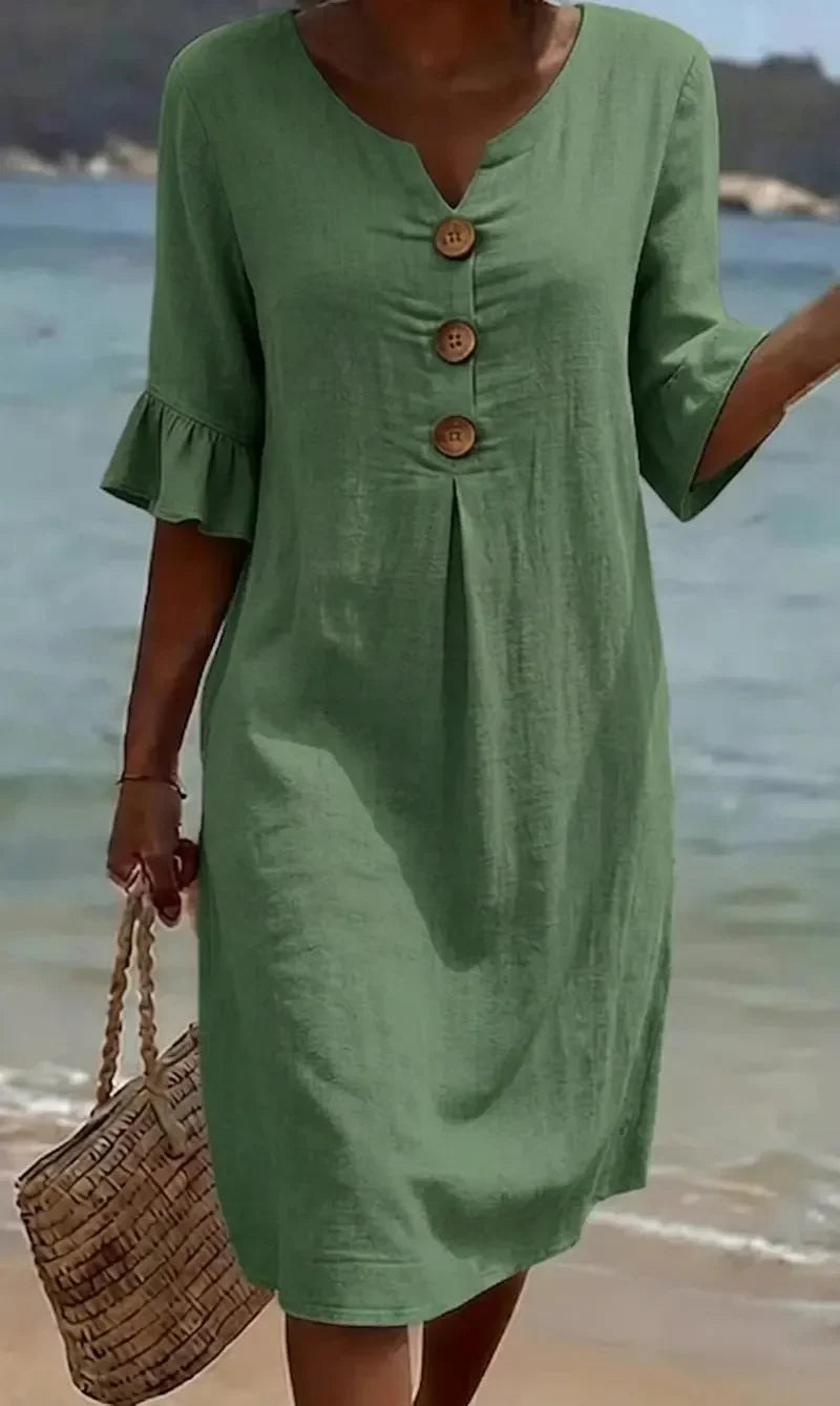 Vestido con Textura de Lino y Manga Abullonada | Estilo Elegante