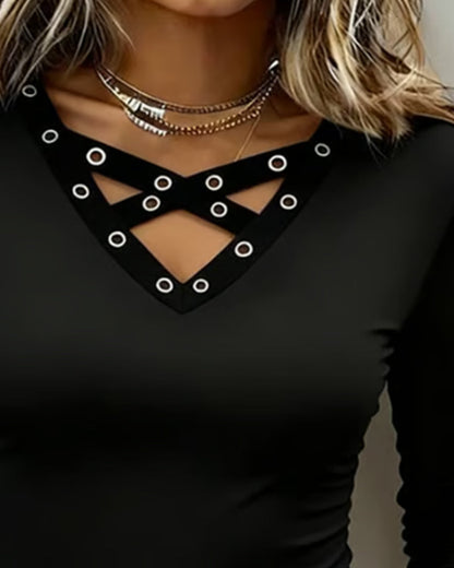 Top de manga larga para mujer con escote en V y detalle de ojales, ajustado, moderno y elegante