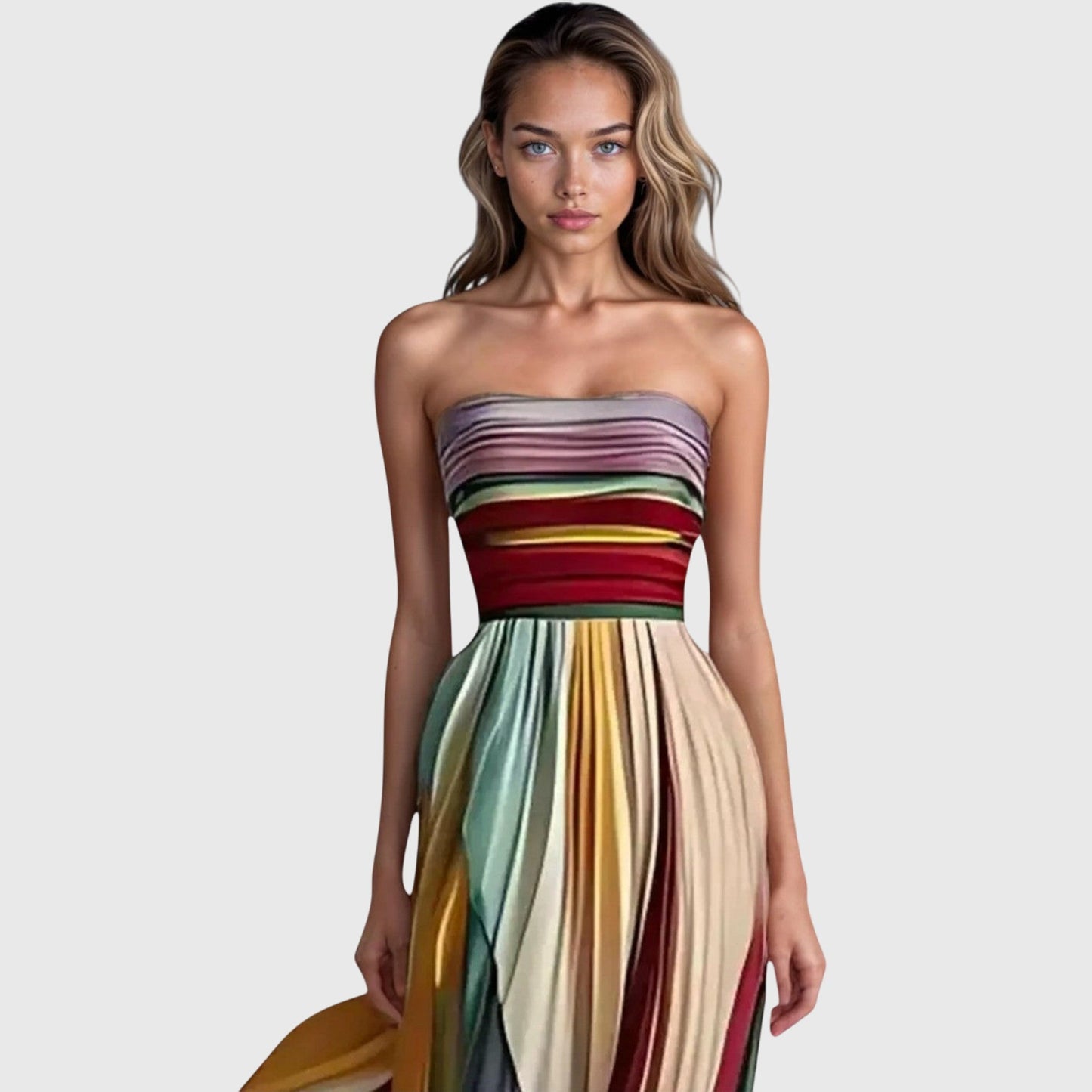 Vestido largo premium sin tirantes con diseño a rayas multicolor y falda fluida para mujer