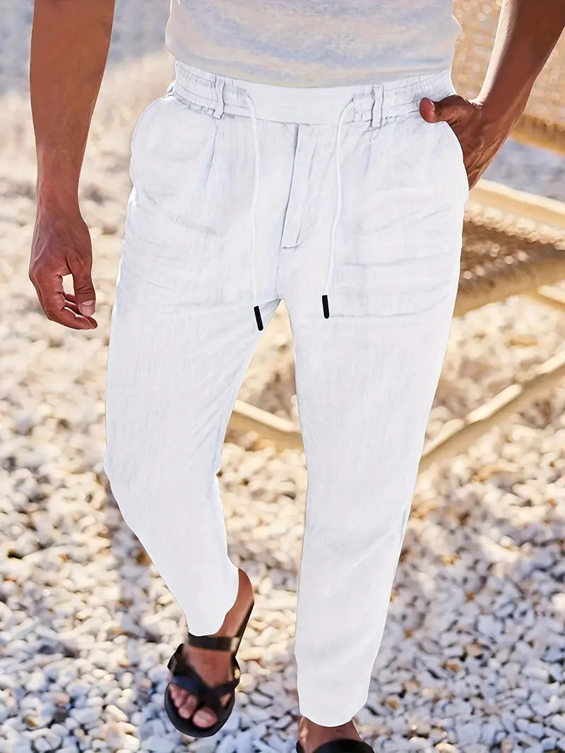 Pantalones anchos de lino con cordón para mujer, ligeros y transpirables para verano o viaje