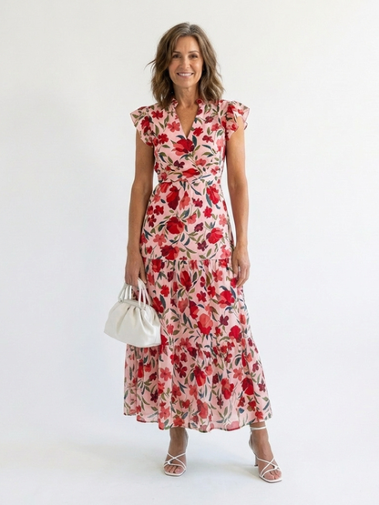 Vestido midi floral con capas en Verde y Azul claro - fresco y elegante