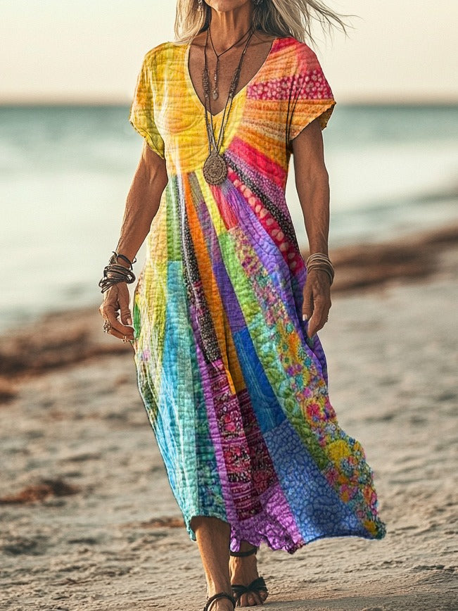 Vestido midi bohemio para mujer con estampado multicolor y escote en V, fluido y cómodo