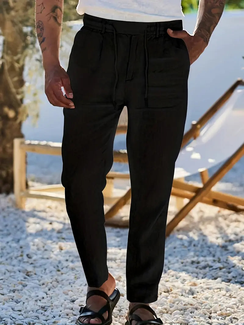Pantalones anchos de lino con cordón para mujer, ligeros y transpirables para verano o viaje