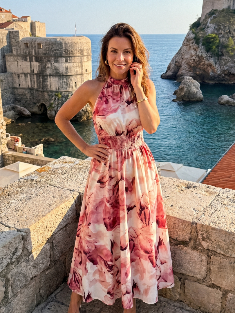 Vestido Midi con Estampado Floral y Cintura Recogida | Diseño Abstracto
