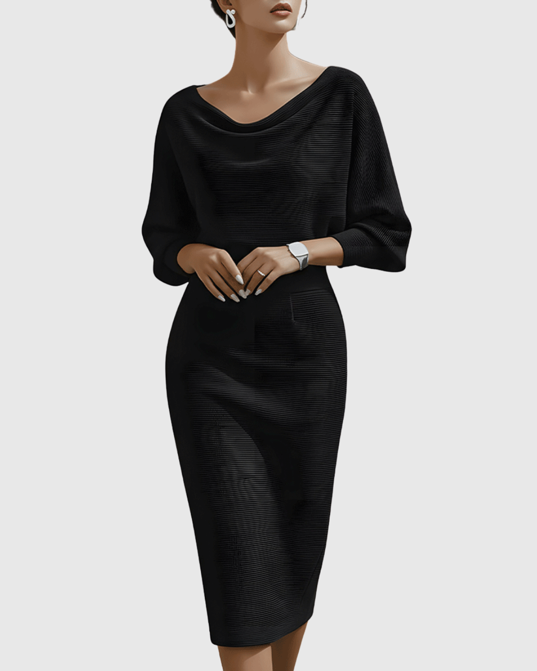 Vestido midi drapeado con mangas murciélago y escote elegante para mujer, sofisticado y cómodo para oficina o evento