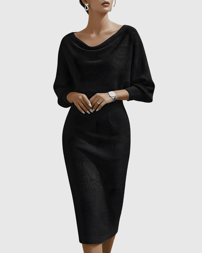 Vestido midi drapeado con mangas murciélago y escote elegante para mujer, sofisticado y cómodo para oficina o evento