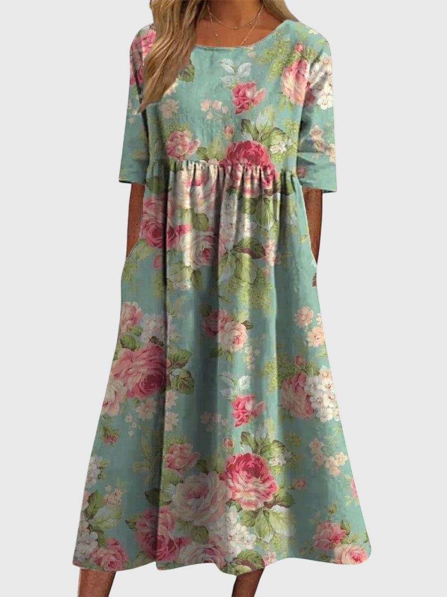 Vestido favorecedor con estampado floral, mangas tres cuartos y falda fluida para mujer, ligero y elegante para primavera o verano