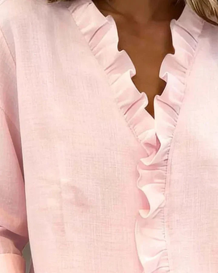 Blusa femenina con volantes, cuello en V y corte fluido para mujer, cómoda y sofisticada