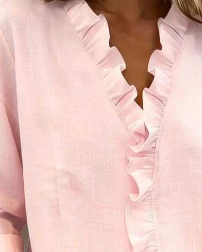 Blusa femenina con volantes, cuello en V y corte fluido para mujer, cómoda y sofisticada