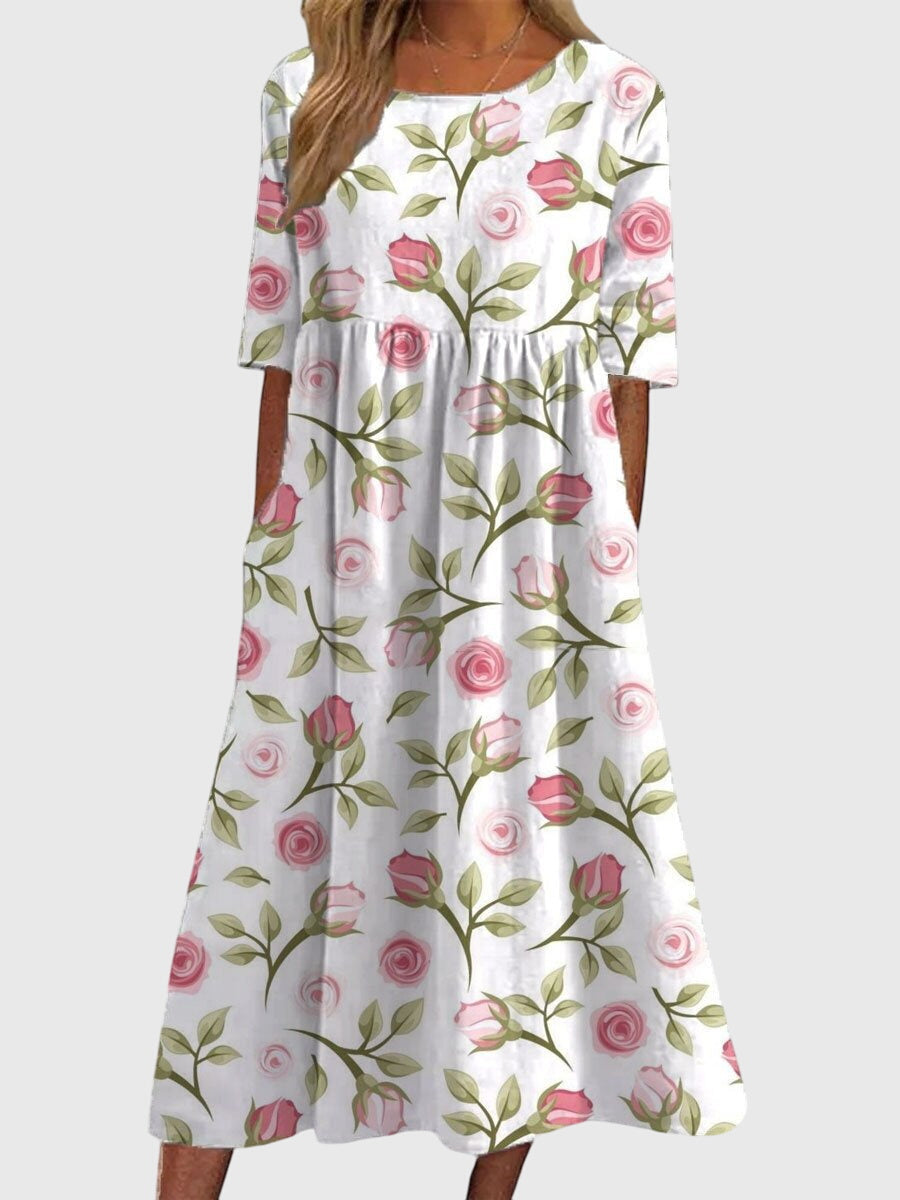 Vestido favorecedor con estampado floral, mangas tres cuartos y falda fluida para mujer, ligero y elegante para primavera o verano