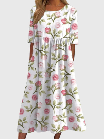 Vestido favorecedor con estampado floral, mangas tres cuartos y falda fluida para mujer, ligero y elegante para primavera o verano