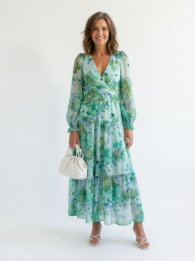 Vestido largo floral de manga larga para mujer, fluido y elegante para primavera