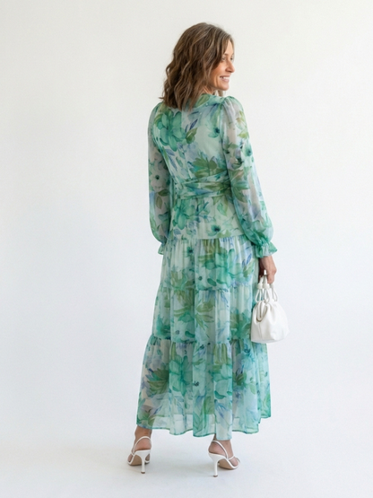 Vestido largo floral de manga larga para mujer, fluido y elegante para primavera
