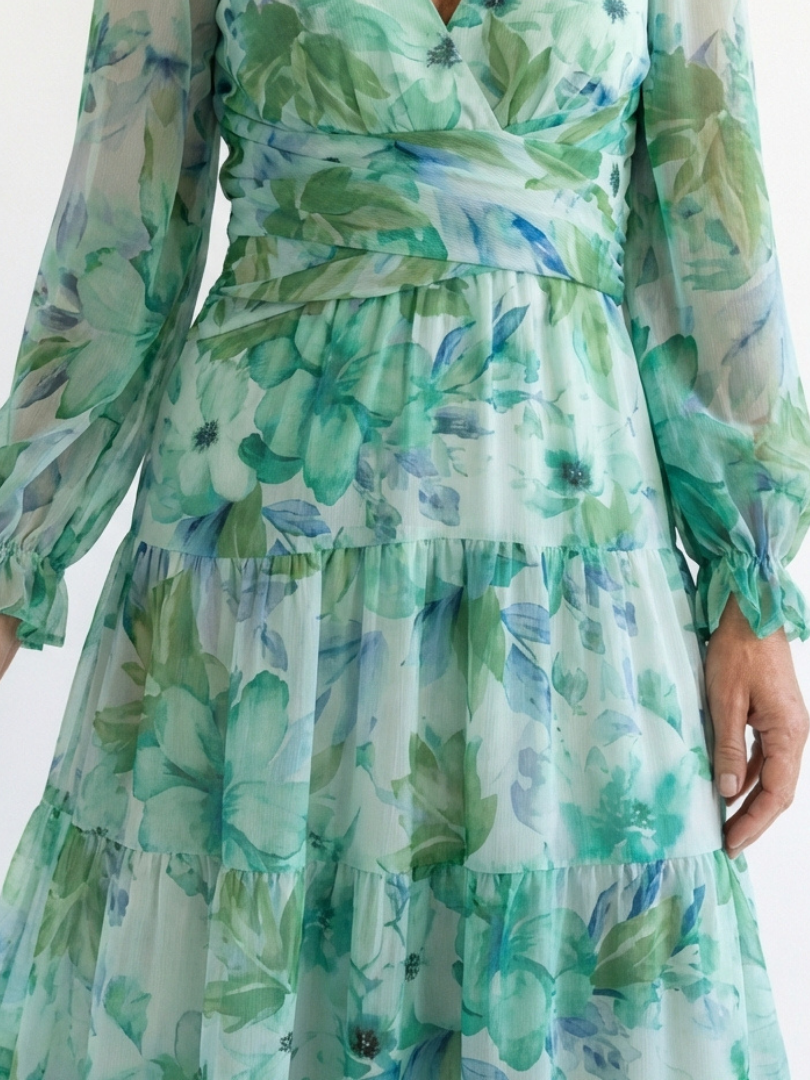 Vestido largo floral de manga larga para mujer, fluido y elegante para primavera