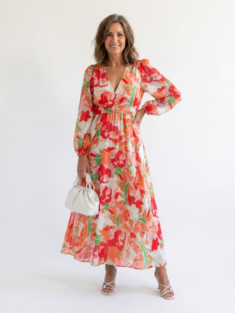 Vestido largo floral de manga larga para mujer, fluido y elegante para primavera