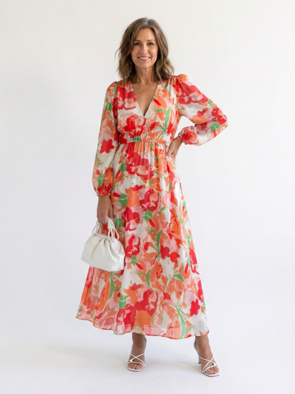 Vestido largo floral de manga larga para mujer, fluido y elegante para primavera