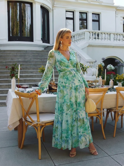 Vestido largo floral de manga larga para mujer, fluido y elegante para primavera