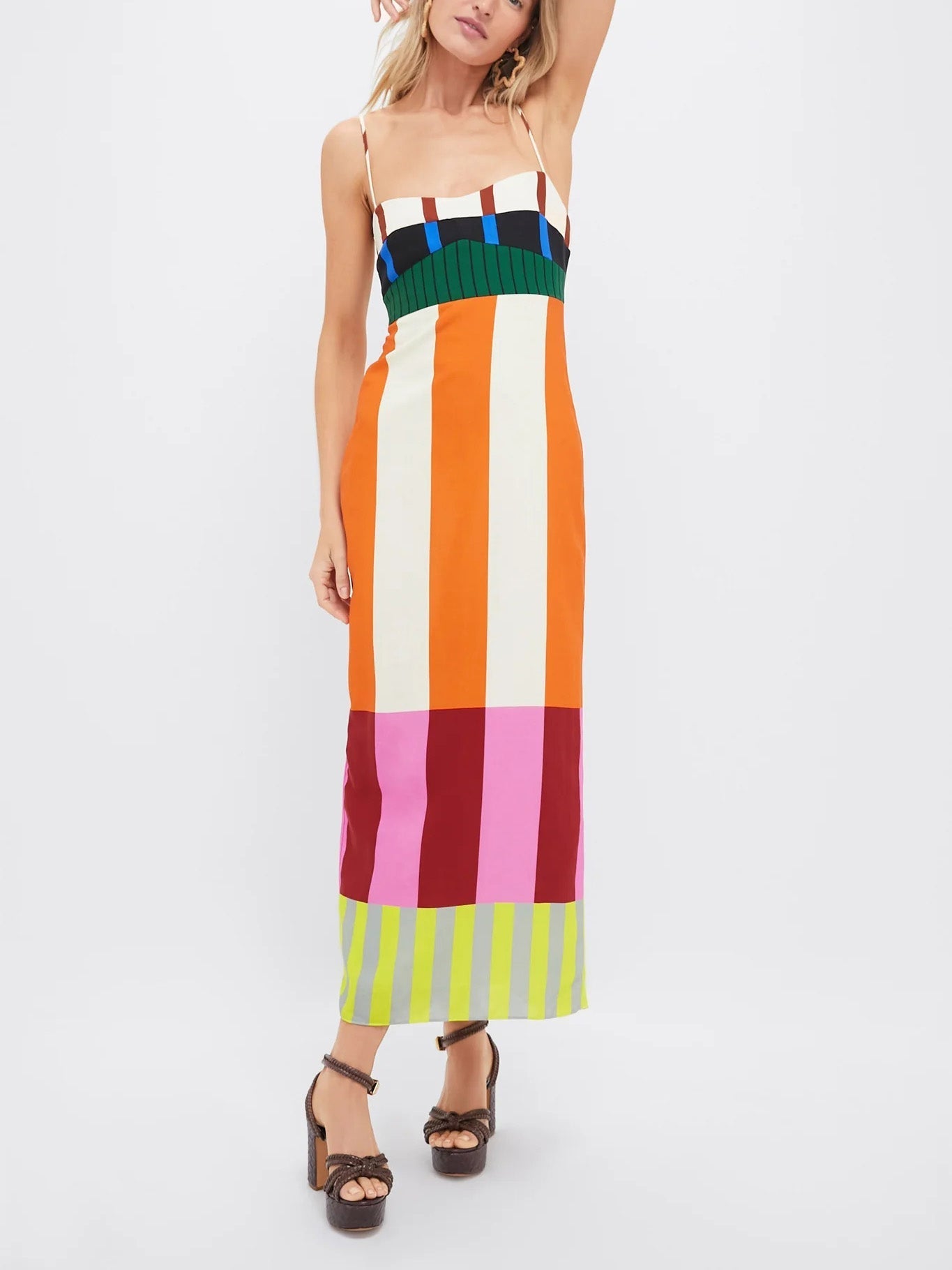 Vestido maxi sin tirantes con estampado de rayas multicolor para mujer, ligero y elegante para verano o fiesta