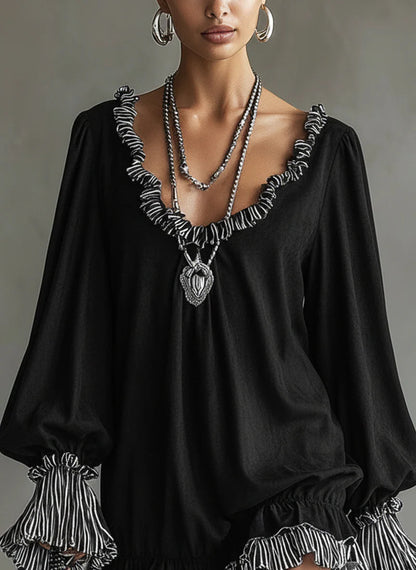 Vestido mini holgado para mujer en negro con efecto ante, detalles a rayas y volantes elegantes
