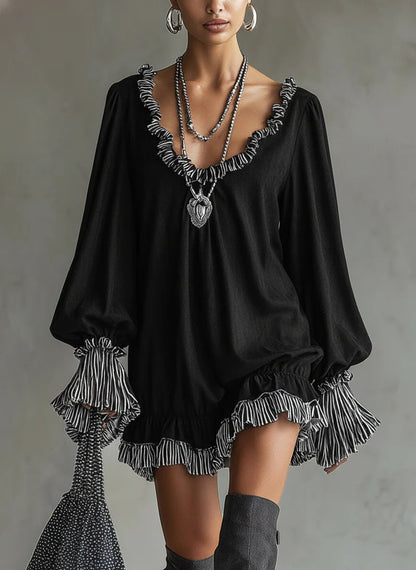 Vestido mini holgado para mujer en negro con efecto ante, detalles a rayas y volantes elegantes