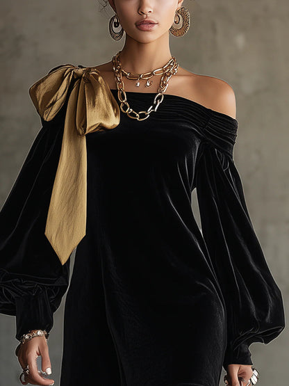Vestido mini negro para mujer con diseño de hombros descubiertos, terciopelo suave y lazo de satén dorado