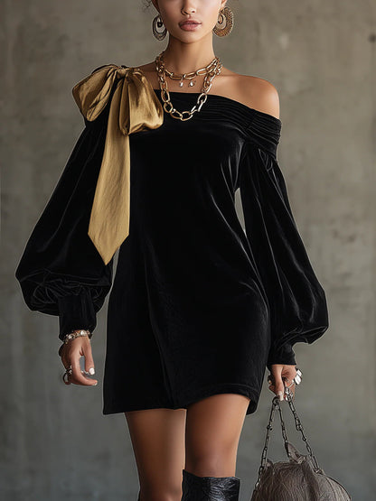 Vestido mini negro para mujer con diseño de hombros descubiertos, terciopelo suave y lazo de satén dorado