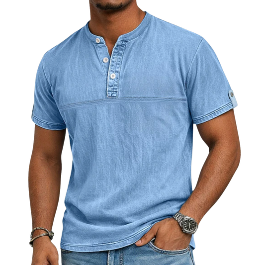 Camisa casual de manga corta con cuello mao para hombre, ligera y elegante